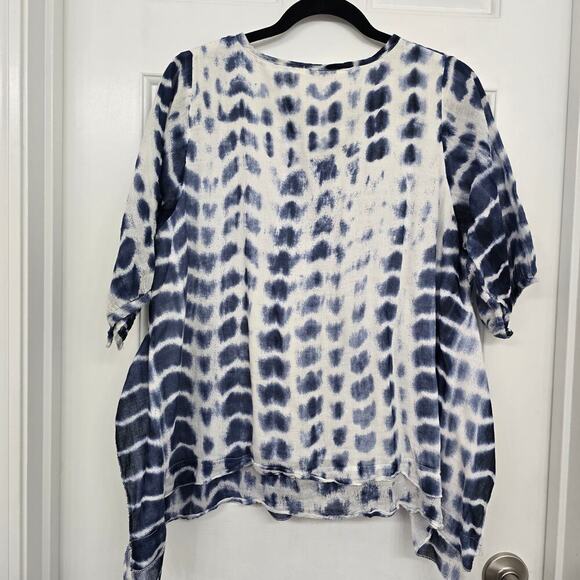 Dolma Boho Tie Dye Blouse L Blue White Cotton Lightweight Tunic Side Slit Top - Picture 2 of 8